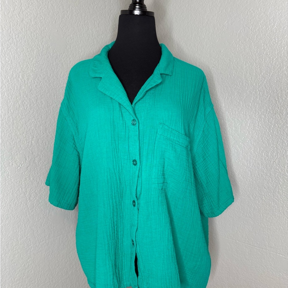 Blue Boxy Button Down Shirt with Notched Collar